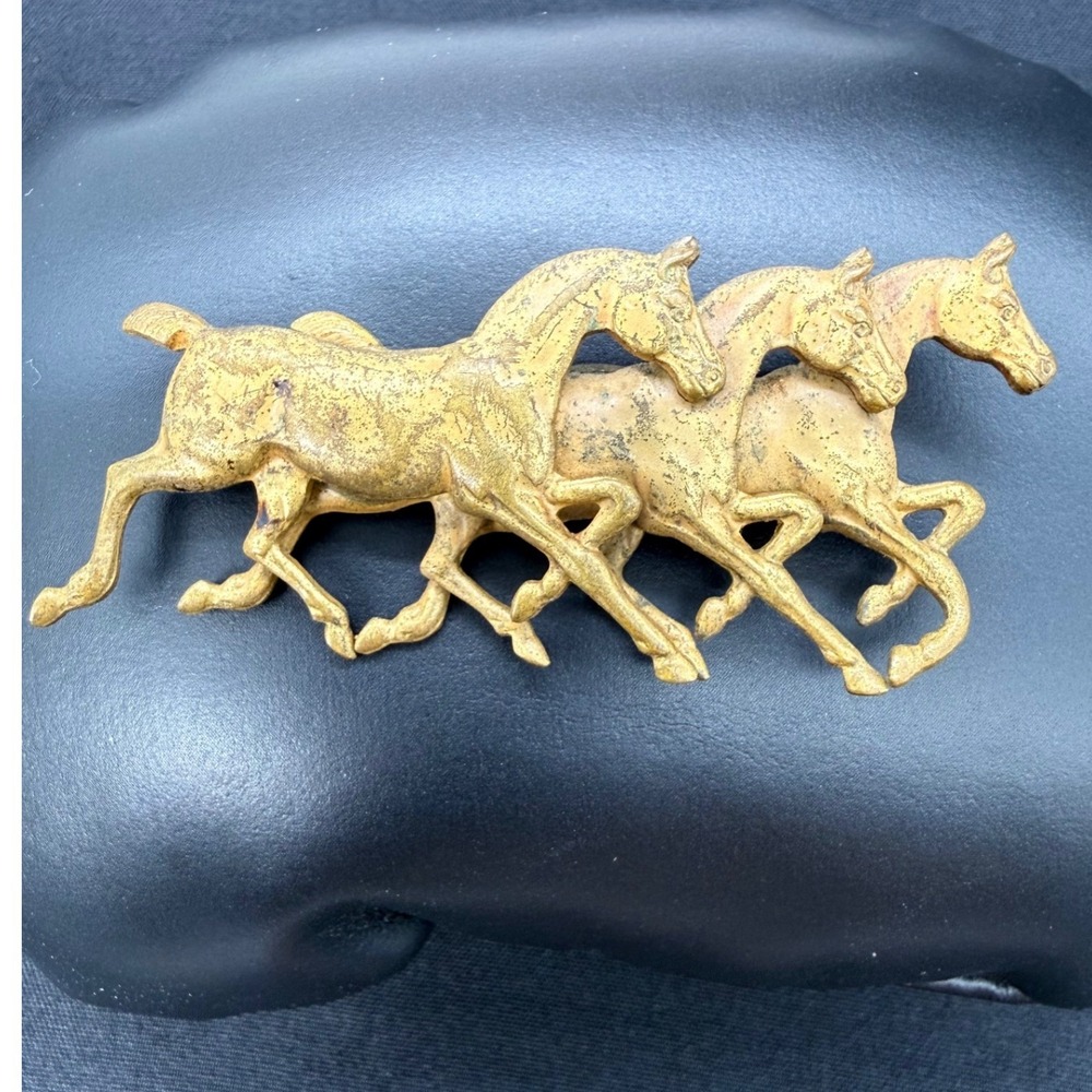 Vintage Style Gold Tone Triple Galloping Horse Equestrian Brooch Pin